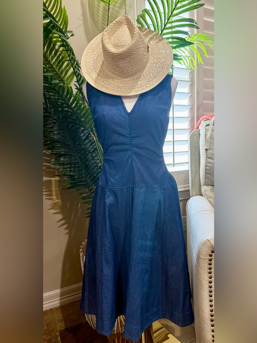 ✨ Anthropologie Plenty by Tracy Reese Denim Cutout Midi Dress NWT Petite MP - Picture 2 of 5